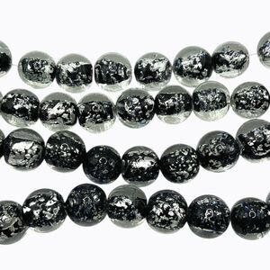 Art Glass Beads Jet Black Silver Tone Round Foil 154765 Jewelry Craft 13 - 14 mm